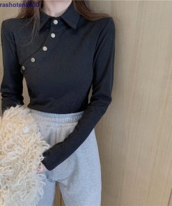 Tシャツ カットソー 斜めボタン 襟付き 黒 白 無地 弾力性 長袖 レディース トップス