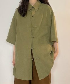 2color トップス チャイナボタン 男女兼用 メンズ 配色 緑 黒 青